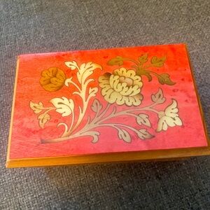 Vintage Floral Wooden Box with Red and Gold Design